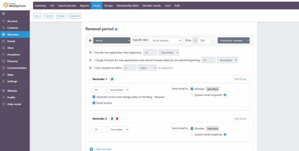 WildApricot membership renewal workflow builder