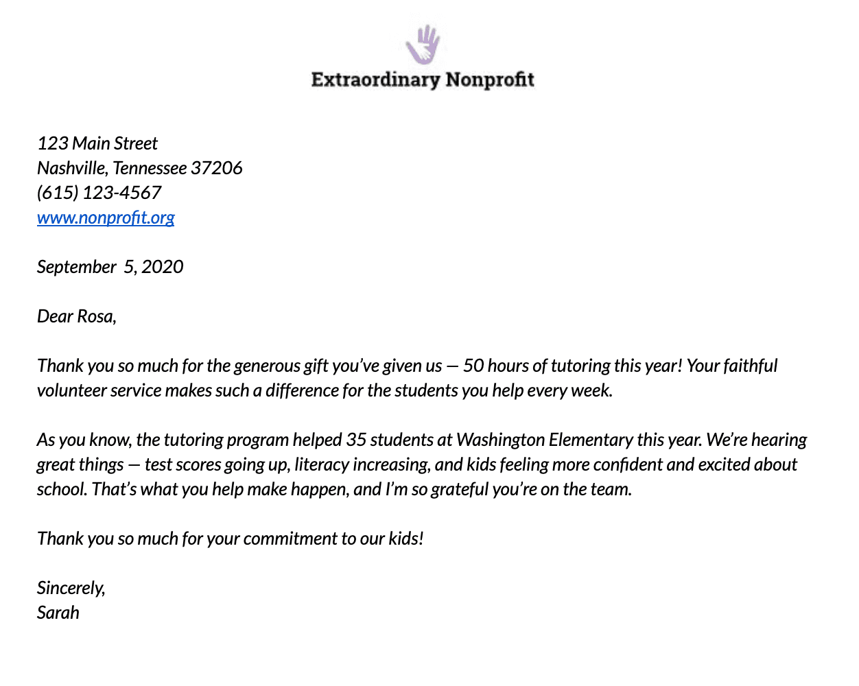 Volunteer Thank-You Letter Example 2