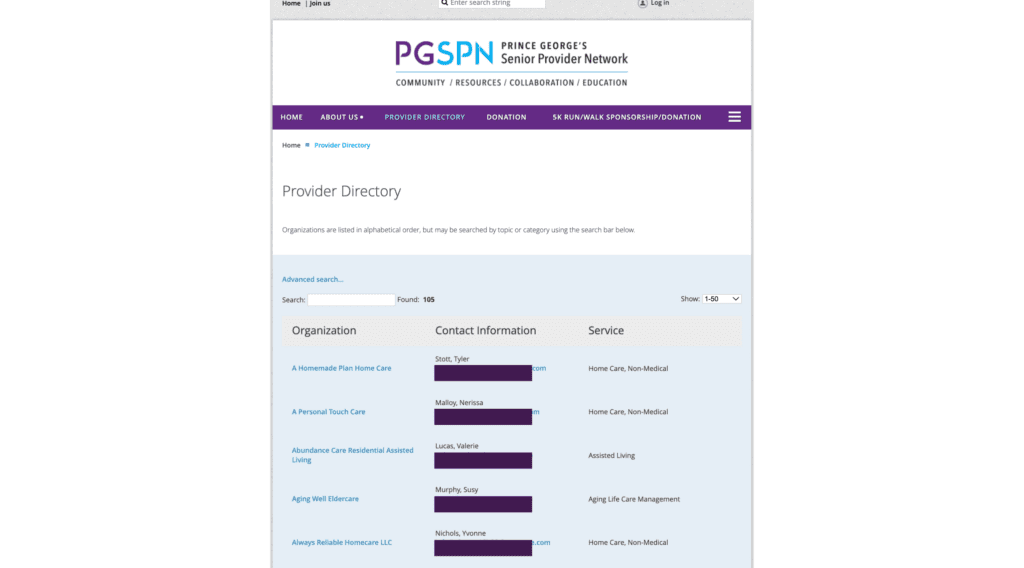 Prince George’s Senior Provider Network (PGSPN) Member Directory