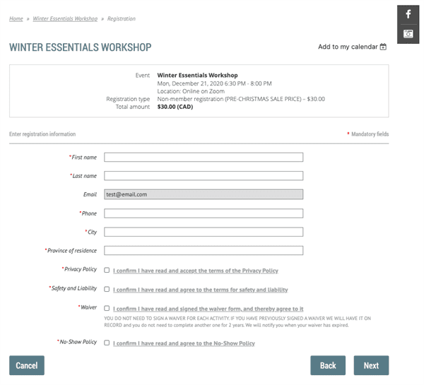 simple event registration form from Backcountry Women